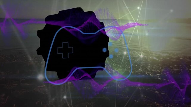 Animation of game pad, black shape and waves over seascape