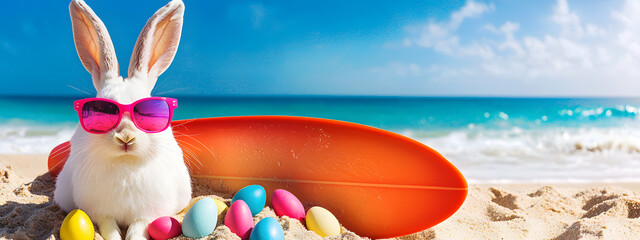 Easter bunny wearing sunglasses poses next to a surfboard and eggs on a sandy beach overlooking the ocean and a bright daytime sky