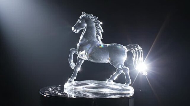 Rotating crystal horse statue with prismatic light reflections on a black background. Transparent glass sculpture of a rearing equine figure. Chinese New Year zodiac symbol of success and power