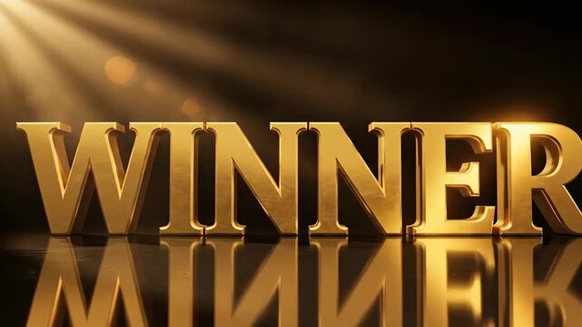 Golden 3D WINNER text animation with cinematic light rays. Award ceremony intro for victory and success. First place achievement