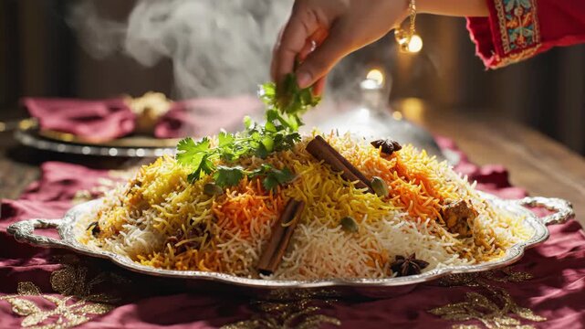 Hand sprinkling fresh coriander on steaming hot Biryani rice. Traditional Indian cuisine served on a silver platter for Ramadan or Eid celebration