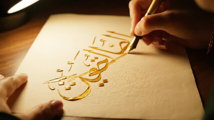 Close up of a hand writing Arabic calligraphy with gold ink on textured paper. Artist using a dip pen to create a traditional design. Islamic art and Ramadan concept - Powered by Adobe