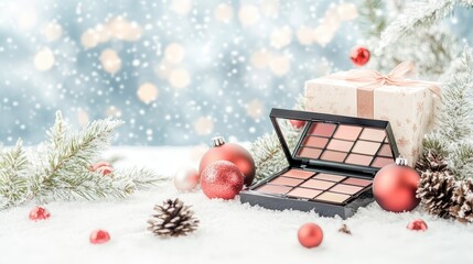 Holiday-themed makeup palette displayed on snow-covered surface with festive ornaments, pine branches, and gift box, creating a cheerful winter atmosphere for beauty enthusiasts