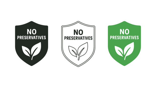 Three shield logos indicating no preservatives are used in products