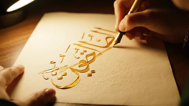 Close up of a hand writing Arabic calligraphy with gold ink on textured paper. Artist using a dip pen to create a traditional design. Islamic art and Ramadan concept