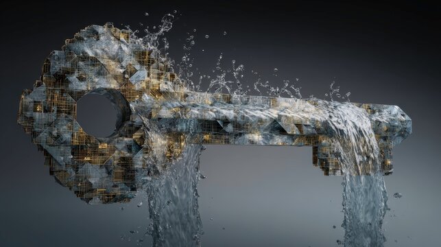 Huge metallic key crumbling into cascading water in a dramatic suspended scene