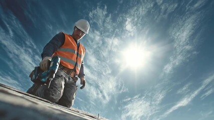 Construction Worker on Roof with Nail Gun Under Bright Sky During Daytime Work for Home Improvement Project
