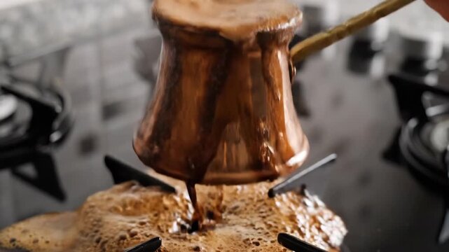 Turkish coffee boiling and overflowing from a copper pot on a gas stove. Traditional cezve brewing hot beverage with foam spilling onto the cooktop
