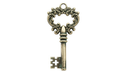 Ornate antique key isolated PNG on transparent background, vintage style metal key for design elements and security concepts