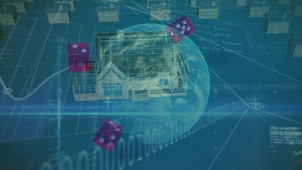 Animation of financial data processing and globe with digital houses over dices - Powered by Adobe