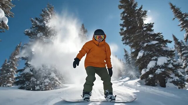 Snowboarder in Orange Jacket Performs an Exciting Jump Over Snowy Terrain in Beautiful Winter Landscape