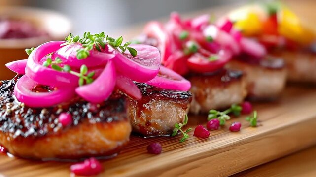 Culinary Delights: a delectable dish featuring perfectly cooked meat, vibrant pickled onions, and fresh herbs, a feast for both the eyes and the palate.