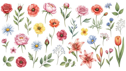 Flowers watercolor illustration.Manual composition.Big Set watercolor elements.
