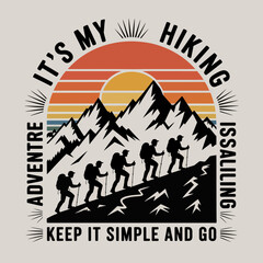 An inspiring depiction of hikers ascending a mountain trail, framed against a colorful sunset. Captures the adventurous spirit of hiking and the beauty of nature's landscapes.