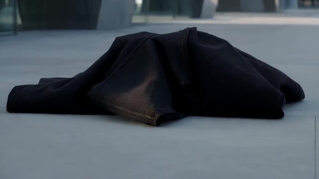 Ultra-realistic cinematic scene of an oversized fashion garment resting on the ground with real physical weight. Timeless visual concept for luxury, materiality and contemporary fashion.