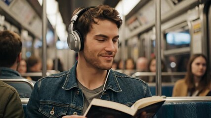 A young man with headphones reads a book while commuting on the train. Handsome passenger listening to music and smiling on the subway. Urban lifestyle concept