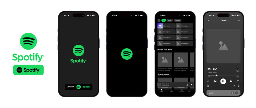 Spotify interface icons. Editorial interface mockup of Spotify. iPhone screen mockups. Interface mockup template. Smartphone screen. Spotify pages mockup. Phone screen. Vector illustration