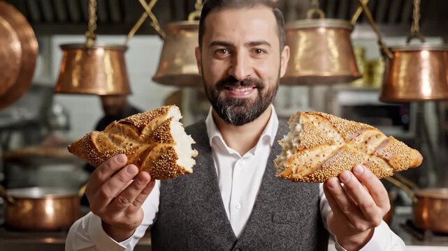 A smiling man breaks a hot, steaming loaf of fresh bread in slow motion. A professional baker presents traditional Turkish pide in a restaurant kitchen