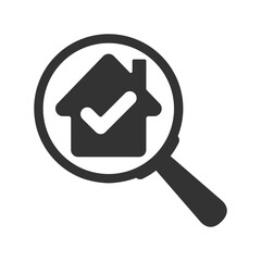 Magnifier glass on house graphic icon. Symbol of real estate searching and selection. Sign isolated on white background. Vector illustration