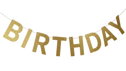 Gold glitter birthday banner isolated PNG on transparent background, festive party decoration for celebration and special occasion