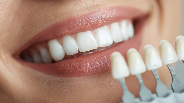 Dentist comparing tooth shade using dental color guide for perfect smile and professional teeth whitening treatment