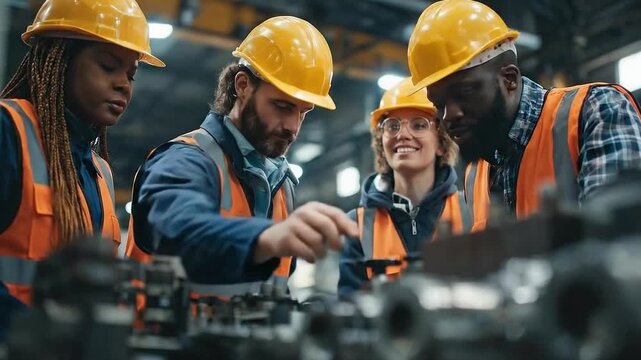 Collaborative Team Inspecting Machinery in Industrial Setting with Safety Gear and Focused Expressions
