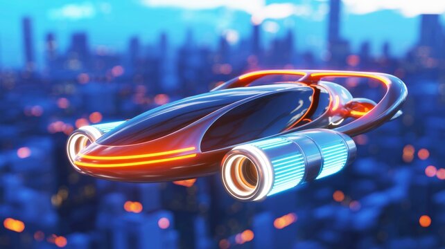 A futuristic hovercar glides over a vibrant cityscape, showcasing advanced technology and sleek design against a stunning urban backdrop.