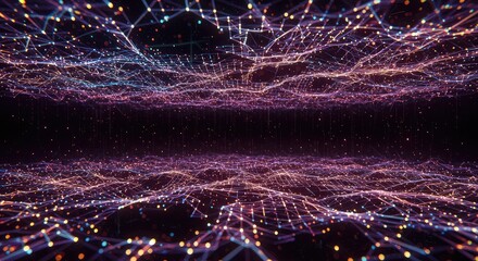 Vibrant network of glowing lines and nodes on dark background, representing technology and connectivity, with colorful lights and futuristic design elements