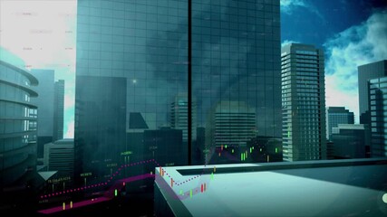 Animation of financial and business data processing over cityscape - Powered by Adobe