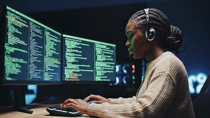 A Black female programmer with a headset codes on a computer at night. Focused software developer working with multiple screens. Successful woman in tech smiling - Powered by Adobe