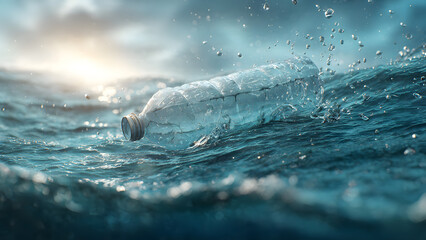 Plastic bottle floating on ocean waves with sunset background