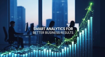 Business analytics concept with people working in office, smart data analysis for better results and growing graph