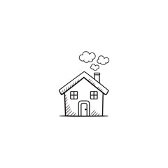 Simple hand drawn house with windows and chimney. Minimalist black and white illustration with cozy feeling.