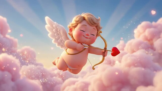 Cute Little Cupid Angel Character Flying in Sky Holding Bow and Arrow with Red Heart Tip Depicting Valentine Day Symbol of Love and Romance
