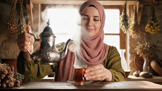 Smiling Muslim woman in a hijab pouring hot tea from a silver teapot into a glass cup. Traditional Arabic hospitality and culture. Ramadan Iftar celebration concept