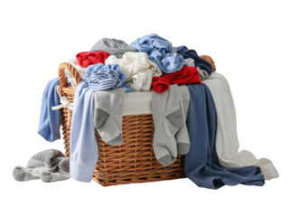 Woven laundry basket overflowing with red white and blue clothes and socks isolated on a transparent background