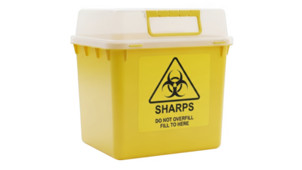 Yellow biohazard sharps container with white lid and handle isolated on a transparent background medical