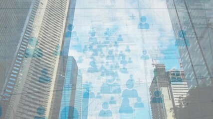 Composition of grey data processing over modern cityscape - Powered by Adobe