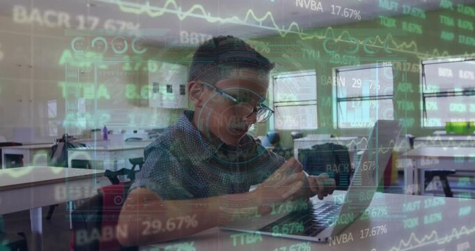 Animation of trading board, loading circles, boy typing on keyboard of laptop in classroom