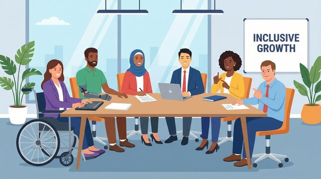 Diverse team meeting around a table discussing inclusive growth strategies in a modern office environment