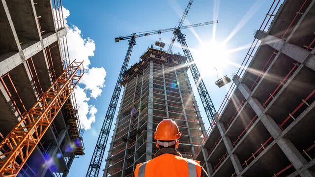 Construction worker in orange vest and hard hat looks up at tall building under construction with cranes against a blue sky