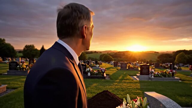 Senior man mourning at a grave in a cemetery at sunset. Widower touching white lilies on a headstone. Grief and remembrance concept