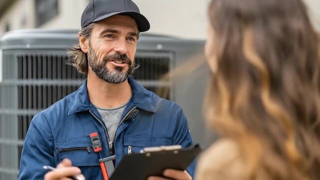 Friendly technician discussing service details with customer outdoors in front of air conditioning unit