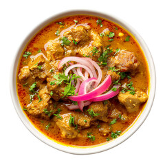 Spicy Orange Fish Curry in White Bowl with Cilantro Garnish isolated on transparent background
