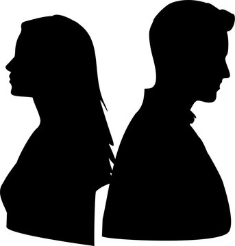 Conceptual illustration of a man and woman sitting back to back, representing emotional distance, relationship conflict, misunderstanding, and silent tension. Ideal for psychology, mental health, and 
