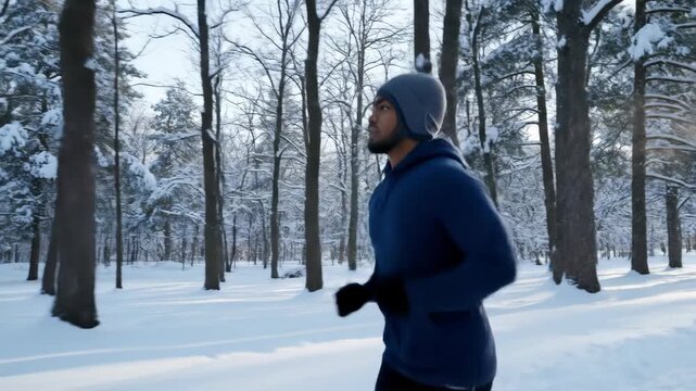 Determined man running on a snowy path in a winter forest. Outdoor cardio exercise and cold weather training. Active and healthy lifestyle
