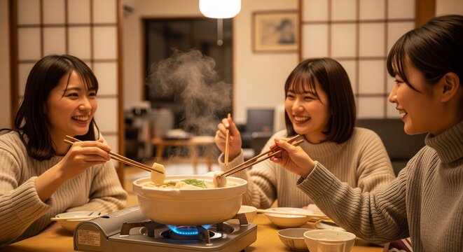 冬の女子会と鍋料理：和室でカセットコンロを囲み笑顔で団らんする20代日本人女性