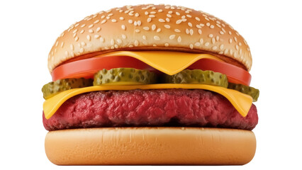 Delicious cheeseburger with pickles and tomato isolated on transparent PNG, classic American fast food for restaurant menu and takeout