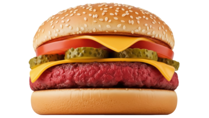 Delicious cheeseburger with pickles and tomato isolated on transparent PNG, classic American fast food for restaurant menu and takeout