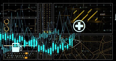 Digital animation of network of digital icons against data processing on black background - Powered by Adobe